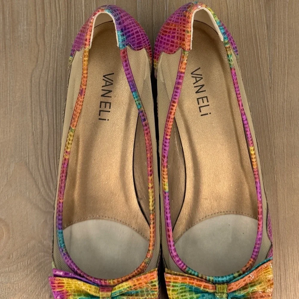 Vaneli Womens 9N Rainbow Snakeskin Print Leather Mesh Bow Flats Pumps Dopamine